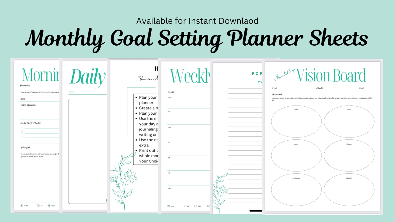 Monthly Goal Setting Planner Sheets - Digital Download